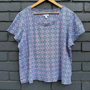 Charter Club PIMA Cotton 3X Floral Geometric Pattern T-shirt Blue White Cottage